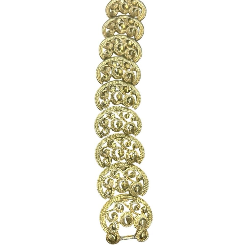 Vintage chunkyGold Tone Filigree Bracelet Boho Ornate Scroll Link Statement 7.5 - Picture 3 of 6